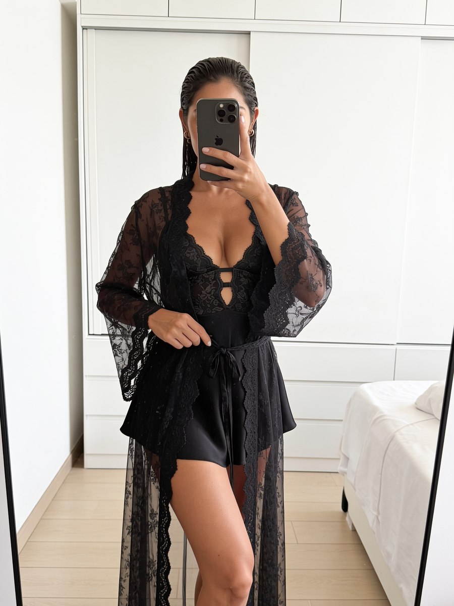 Robe longo de renda fechado sobre a camisola